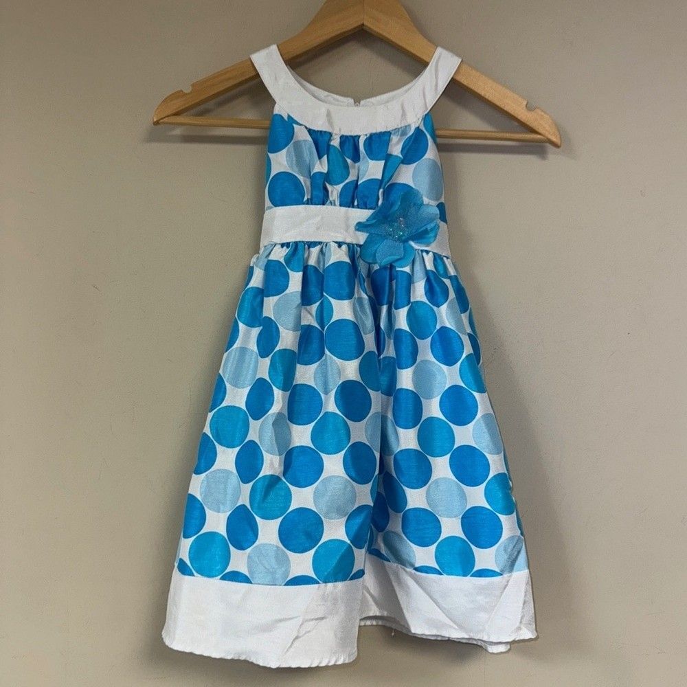 Polka Dot Dress Girls 4-5 XS Blue White Party Formal Holiday Bow Cute Adorable